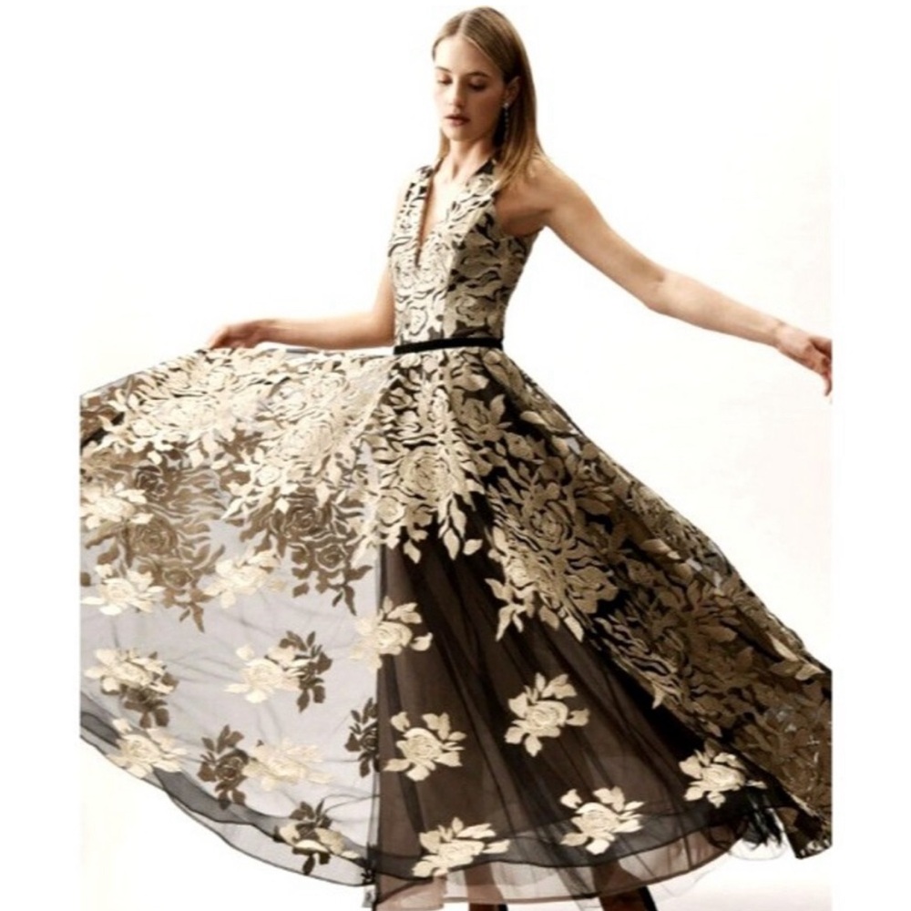 NWT Bronx and Banco Golden Rose Gown Prom Dress Size Medium Black Gold Floral